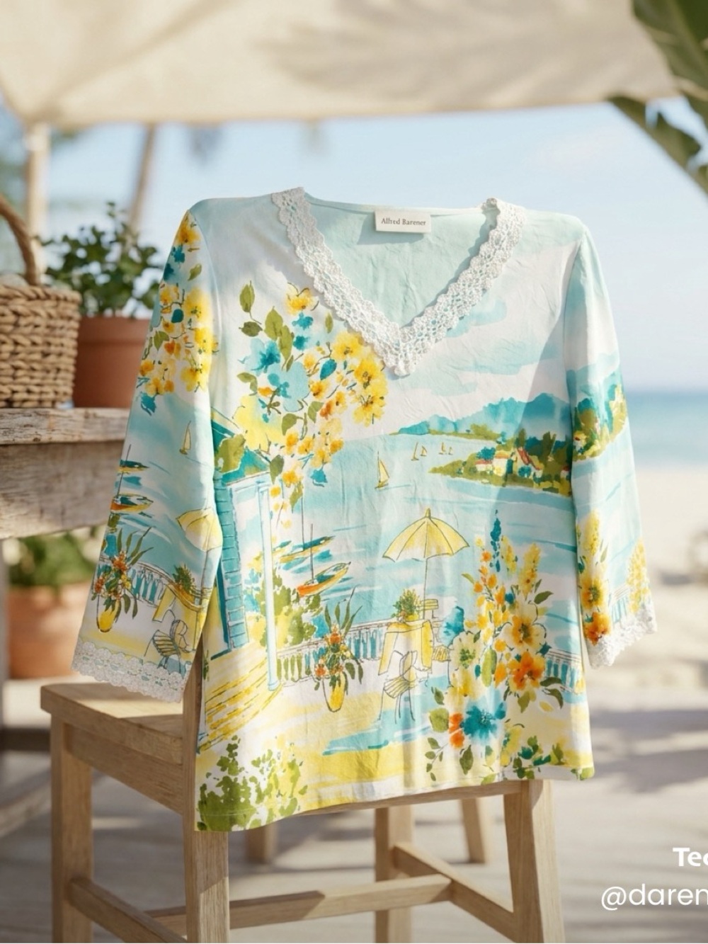 Alfred Dunner Aqua and Yellow Coastal Lace Trim V-Neck Top